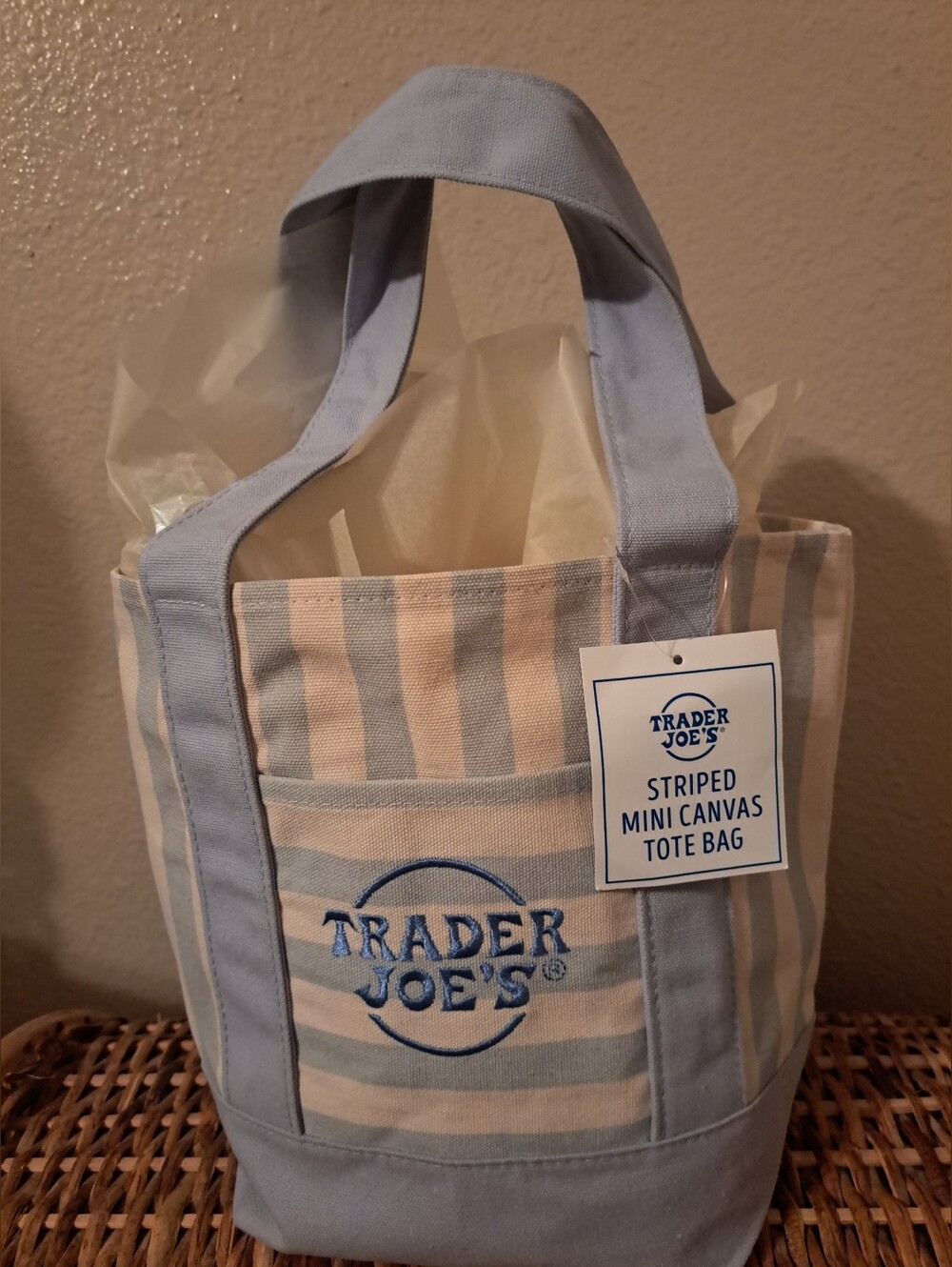 TRADER JOES's Just released Striped Mini Canvas Tote Bag in Beige & Light Blue